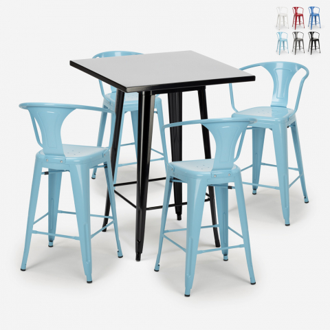Set högt svart bord 60x60cm 4 metall tolix pallar bar kök Bucket Black Kampanj