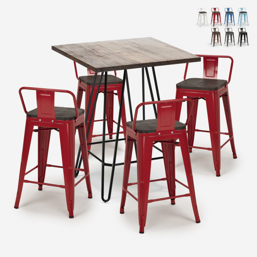 set bord trä metall 60x60cm 4 pallar mason noix steel top Bestånd set bord trä metall 60x60cm 4 pallar mason noix steel top Bestånd