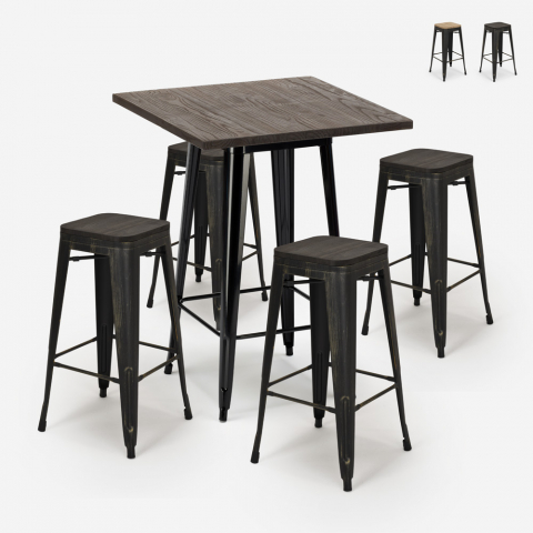Set 4 tolix pallar trä 60x60cm industriellt högt bord bar Bent Black