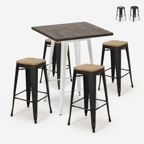 Set högt bord 60x60cm 4 tolix pallar trä industriellt bar Bent White