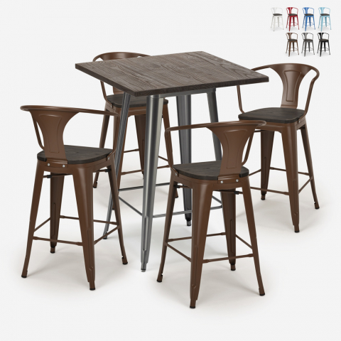 Set högt bord i trä 60x60cm 4 industriella tolix metall pallar Bruck Wood