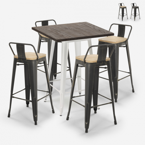 Set högt bord trä metall 60x60cm 4 vintage tolix pallar bar Axel White
