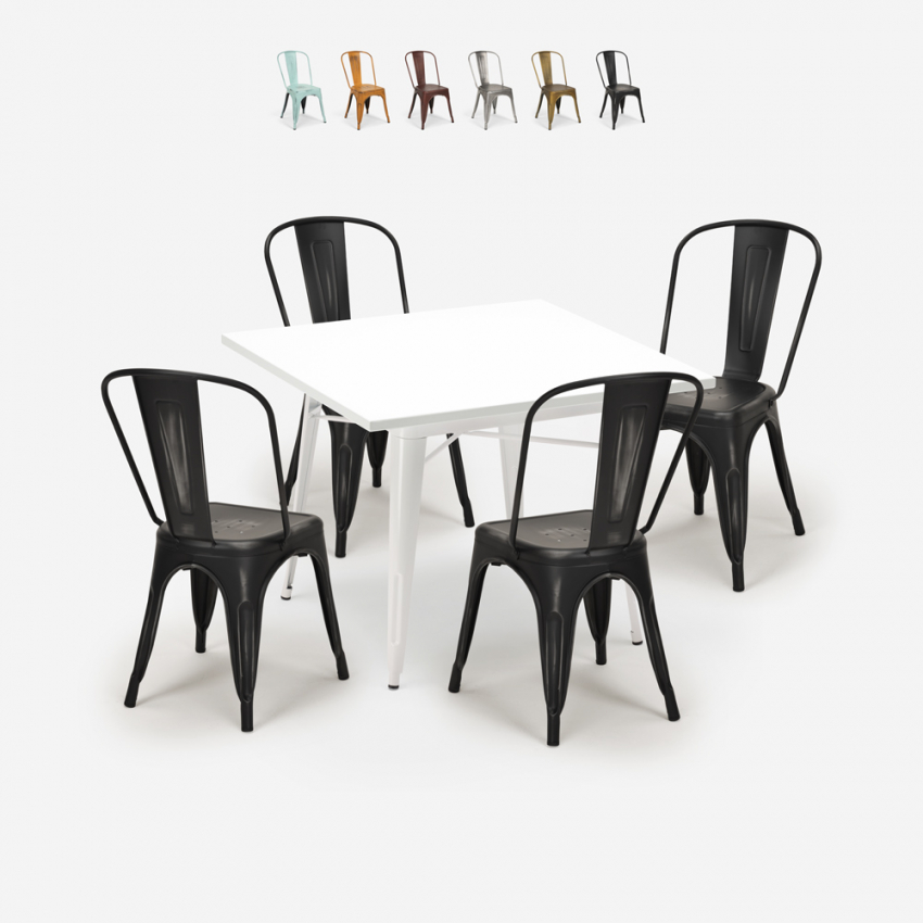 set med 4 industriella stolar Lix-stil vitt metallbord 80x80cm state white Rea