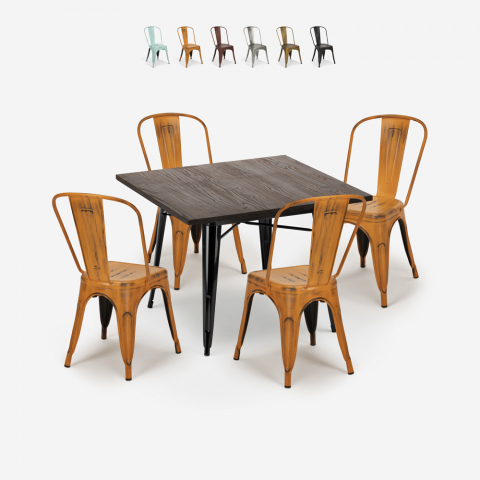 Set med 4 vintage tolix stolar matbord 80x80cm trä metall Burton Black Kampanj