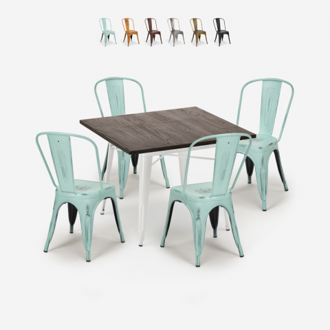 Set bord 80x80cm  4 tolix design stolar industriellt kök Burton White Kampanj