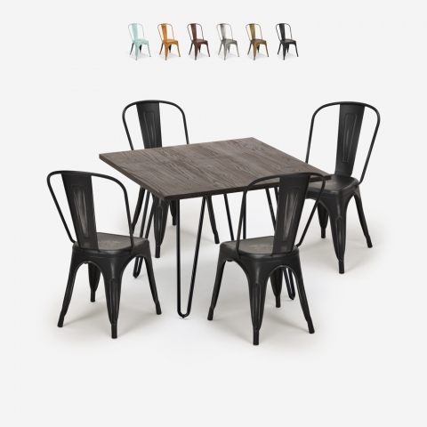 Set kvadratiskt bord 80x80cm trä metall 4 vintage tolix stolar Hedges Dark