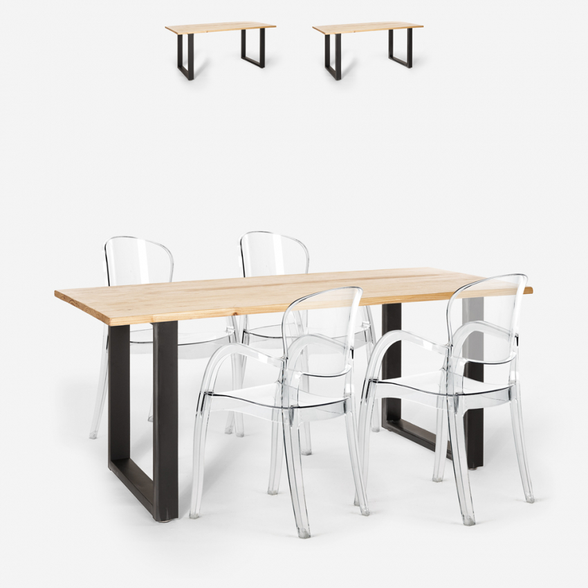 Set matbord 160x80cm trä metall 4 transparenta stolar Jaipur M Bestånd