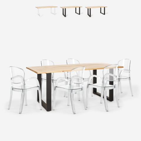 Set 6 genomskinliga stolar polykarbonat bord 180x80cm industriellt Jaipur L
