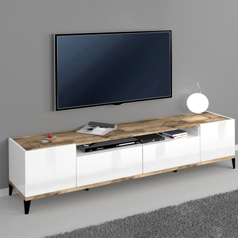 Modern TV-bänk låda fack 200x40 cm blank vit trä Young Wood