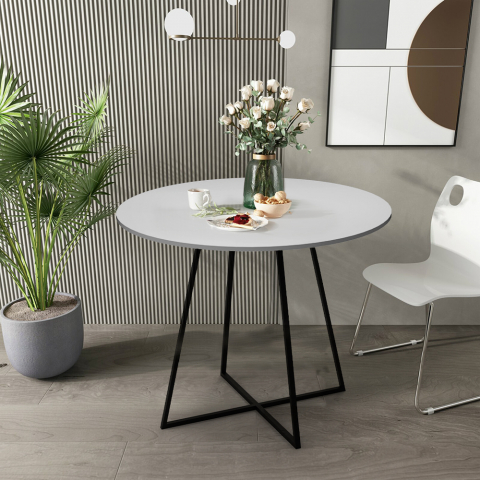 Runt vitt matbord 100cm svarta metallben modern design Marmor