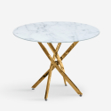 Runt bord 100cm i härdat glas med marmoreffekt och guldfärgade ben Aurum Försäljning