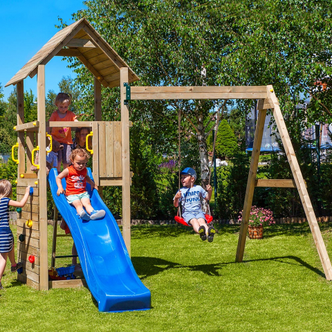 Lekplats i trä för barn i trädgården torn med rutschkana gunga klättring Carol-2