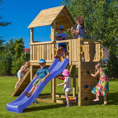 Lekplats i trä för barn trädgården torn med rutschkana gunga klättring Carol-3