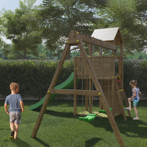 Torn med rutschkana gungor sandlåda lekplats i trä för barn Boomer Kampanj