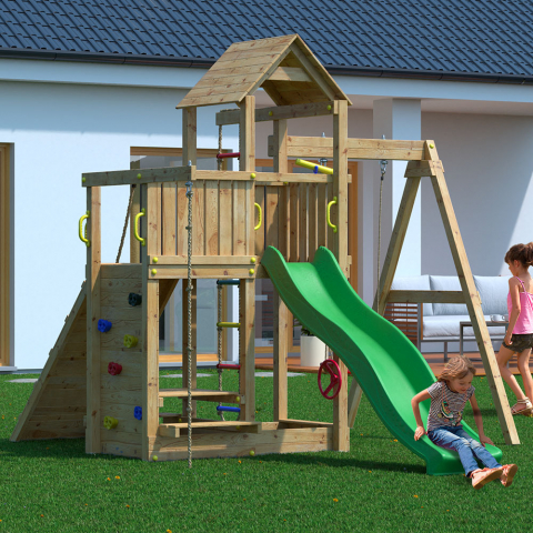 Trädgårdslekplats i trä för barn rutschkana gunga klättring Activer Kampanj