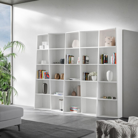 Vit vägg bokhylla modern design vardagsrum kontor Trek 5