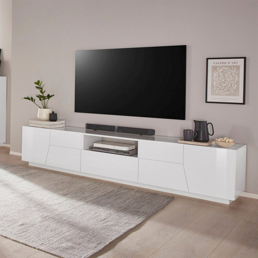 TV-bänk 220x43cm vardagsrum modern design blank vit Fergus Kampanj