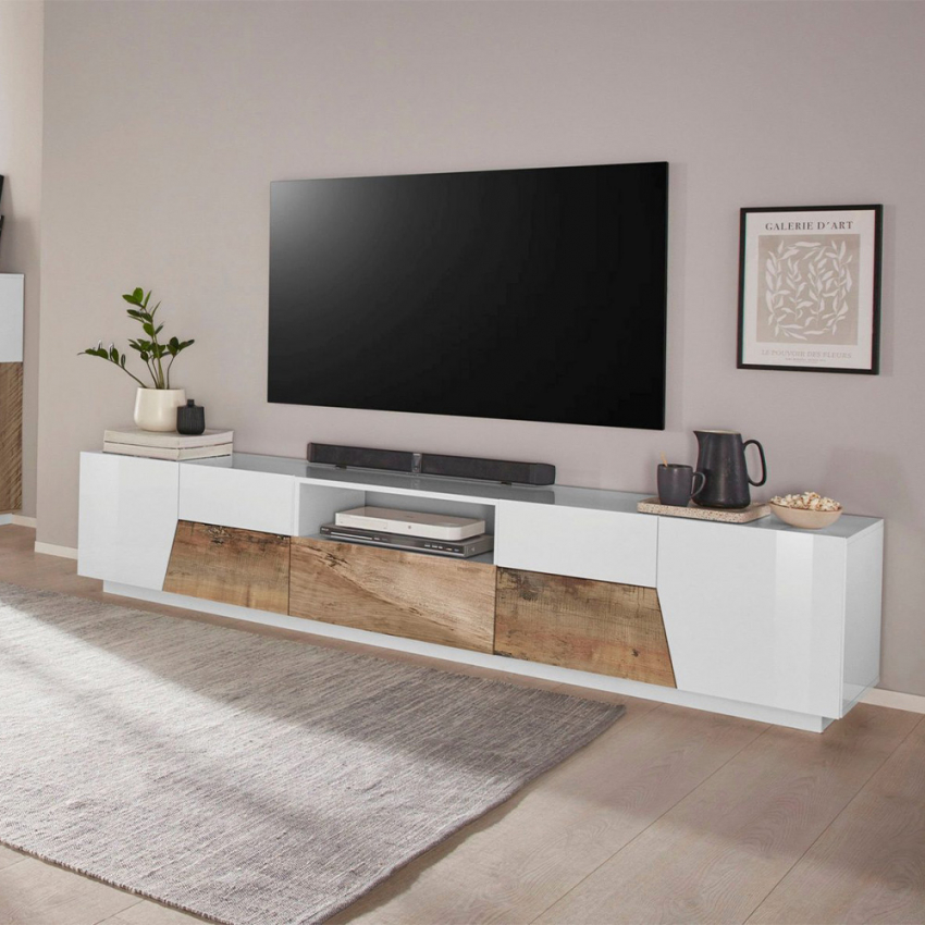 TV-bänk 220x43cm vit trä modern design vardagsrum Fergus Wood Kampanj