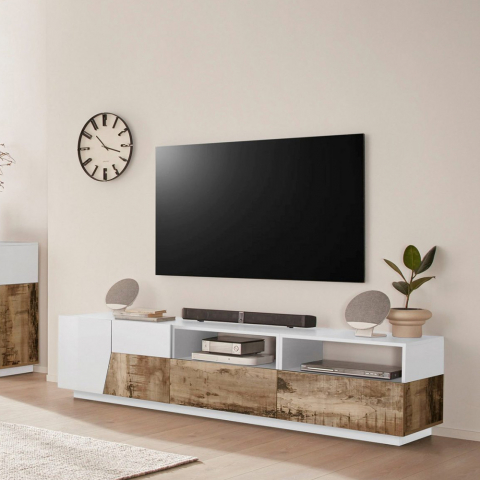 TV-bänk 200x43cm vardagsrum vit trä modern design Hatt Wood