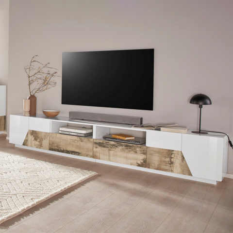 Modern TV-bänk 260x43cm vardagsrumsvägg vit trä More Wood