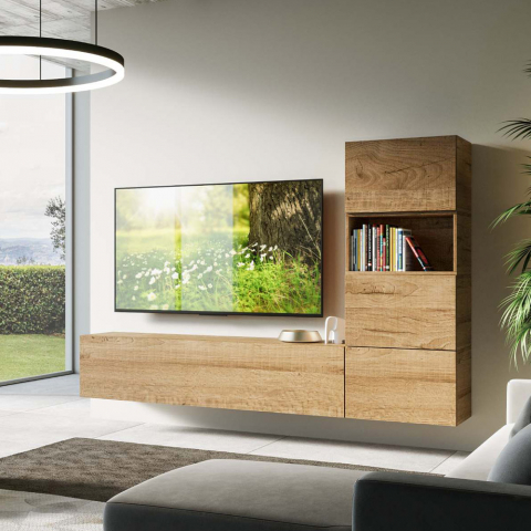 Väggmonterad TV-bänk för vardagsrum med 3 väggenheter i trä modern design A09