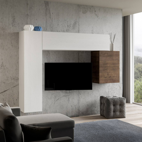 Modern väggmonterad möbel för vardagsrum med 4 väggenheter i vitt trä A25