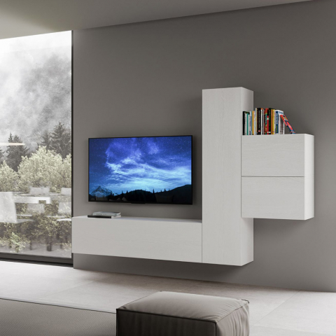 Väggmonterad TV-bänk med 4 väggenheter  i vitt trä vardagsrum modern design A17