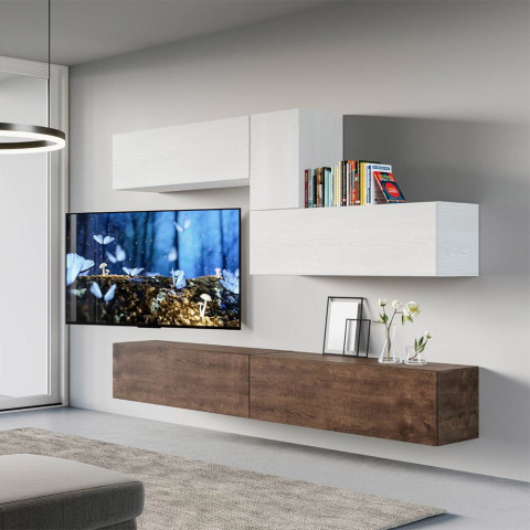 Väggmonterad mediamöbel TV-bänk vit trä modern vardagsrum A04 Kampanj