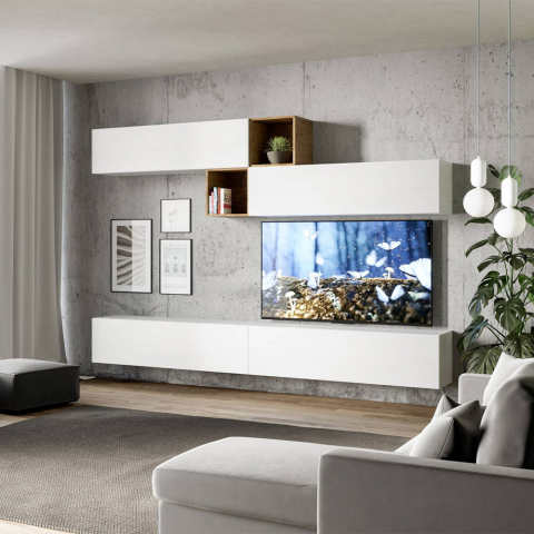 Väggmöbel för vardagsrum med TV-bänk 4 väggenheter vitt trä A110
