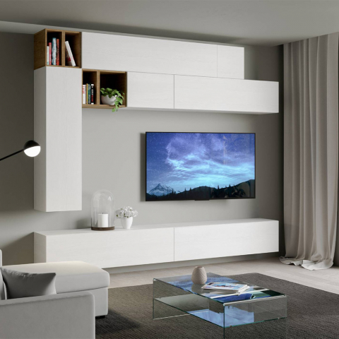 Modern väggmonterad TV-bänk i vitt trä för vardagsrum A106